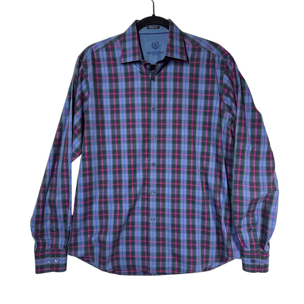 Bugatchi Classic Fit Men's Long Sleeve Button Up Shirt Blue Pink Plaid Size M